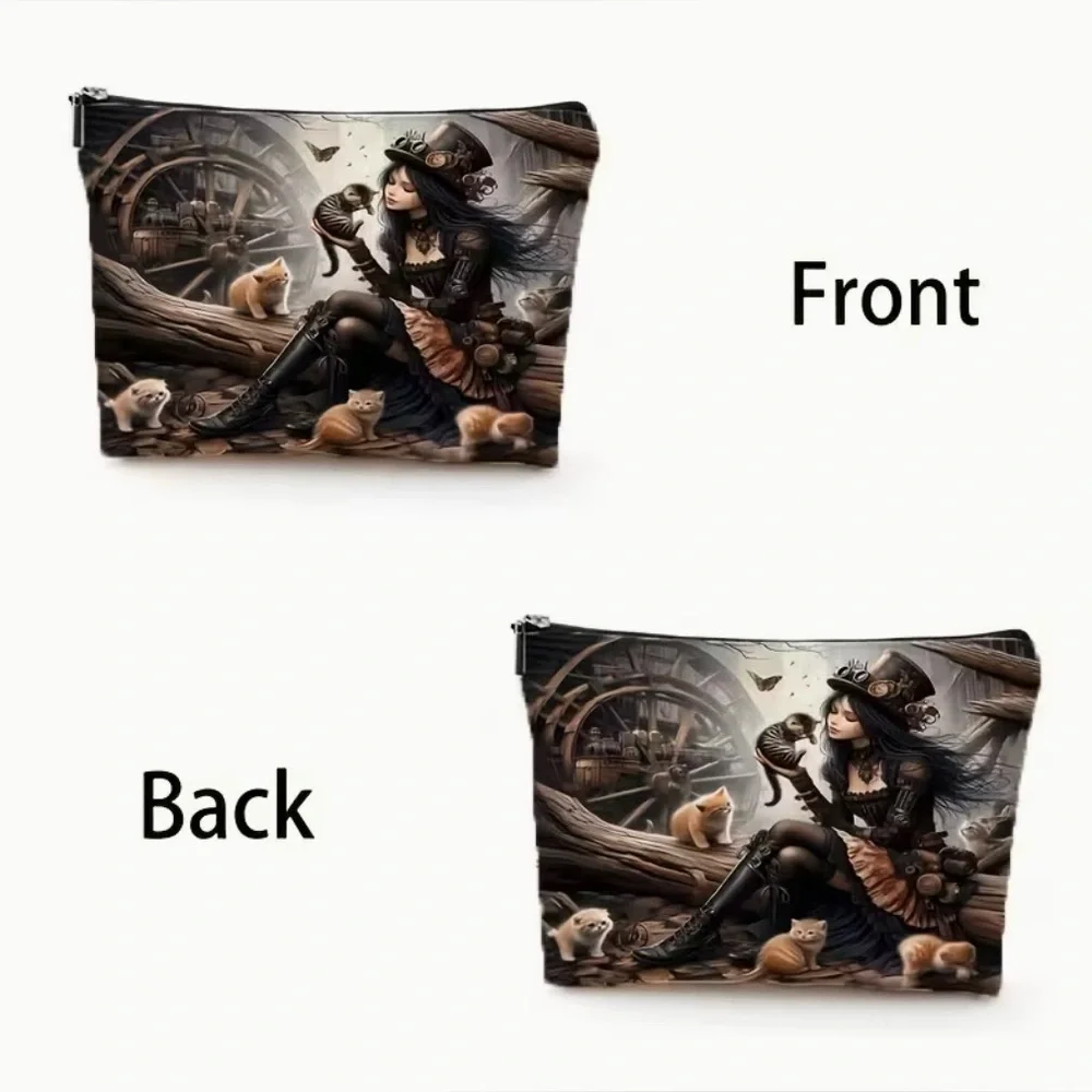 Gothic Style Cat & Steampunk Witch Design Makeup Bag New